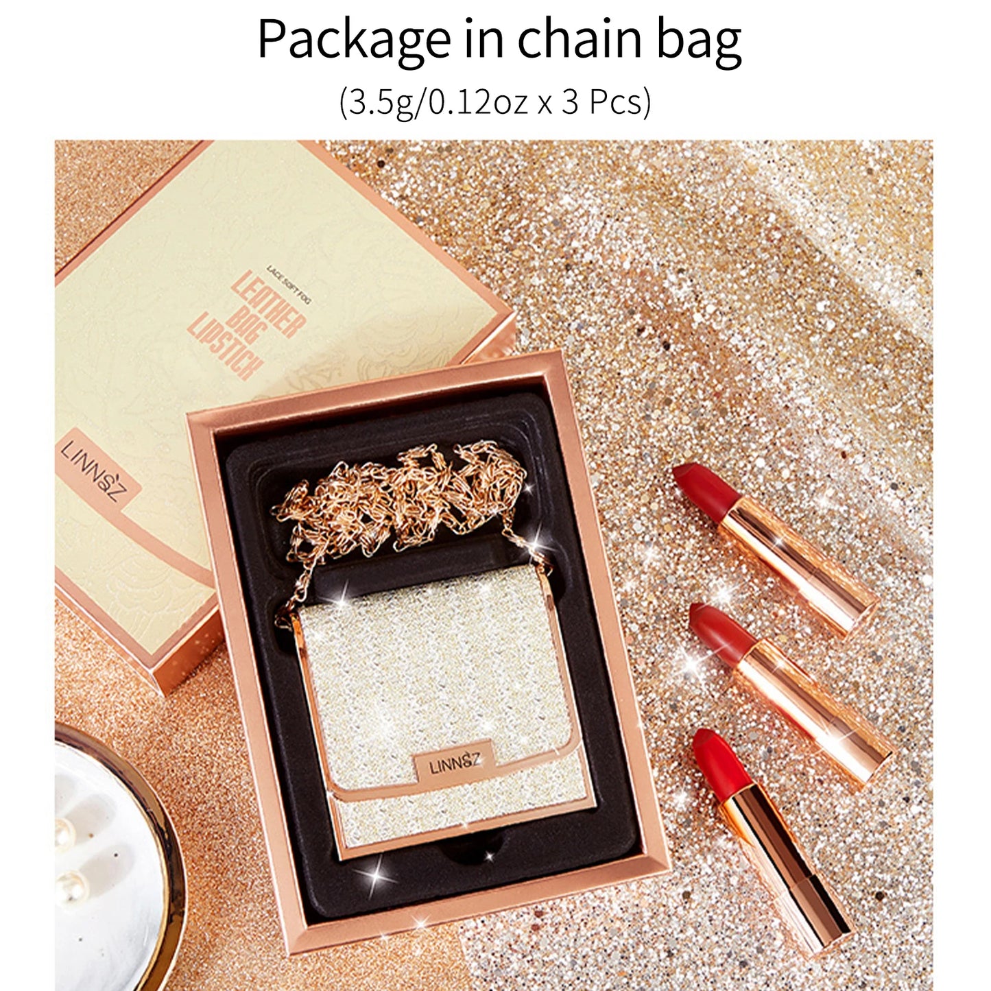 3 Color Matte Lipstick Set with Silver Chain Bag – Waterproof Long Lasting Lip Makeup 💄