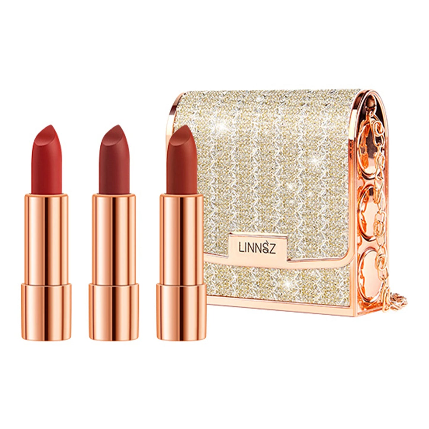 3 Color Matte Lipstick Set with Silver Chain Bag – Waterproof Long Lasting Lip Makeup 💄