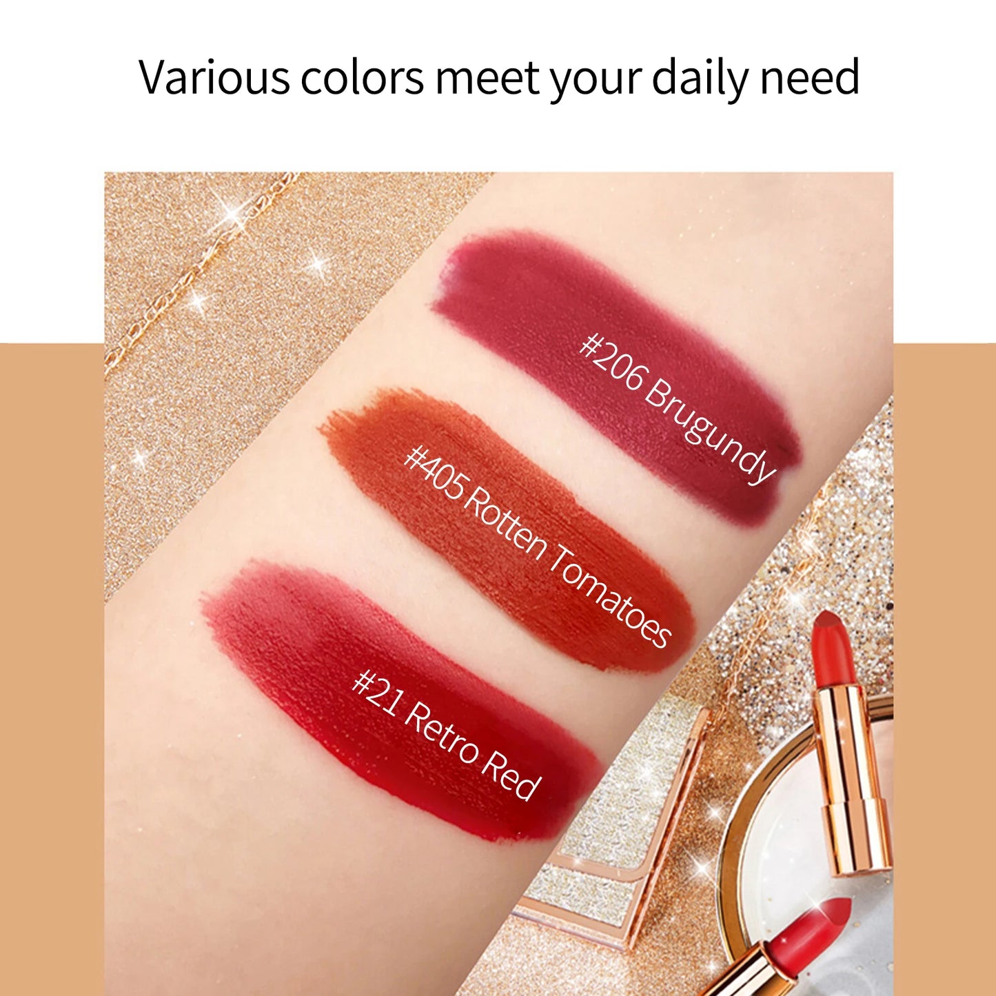 3 Color Matte Lipstick Set with Silver Chain Bag – Waterproof Long Lasting Lip Makeup 💄